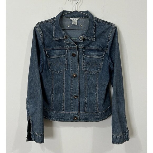 CAbi Denim Cowgirl Jacket Sz M Y2K Rivet Back Snap Front Decorative Buttons - Picture 1 of 9